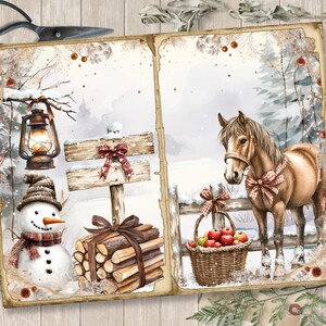 May include: A winter scene with a snowman, a lantern, a pile of firewood, a wooden sign with a red bow, and a horse with a red bow standing in front of a fence with a basket of apples. The background is a snowy forest.