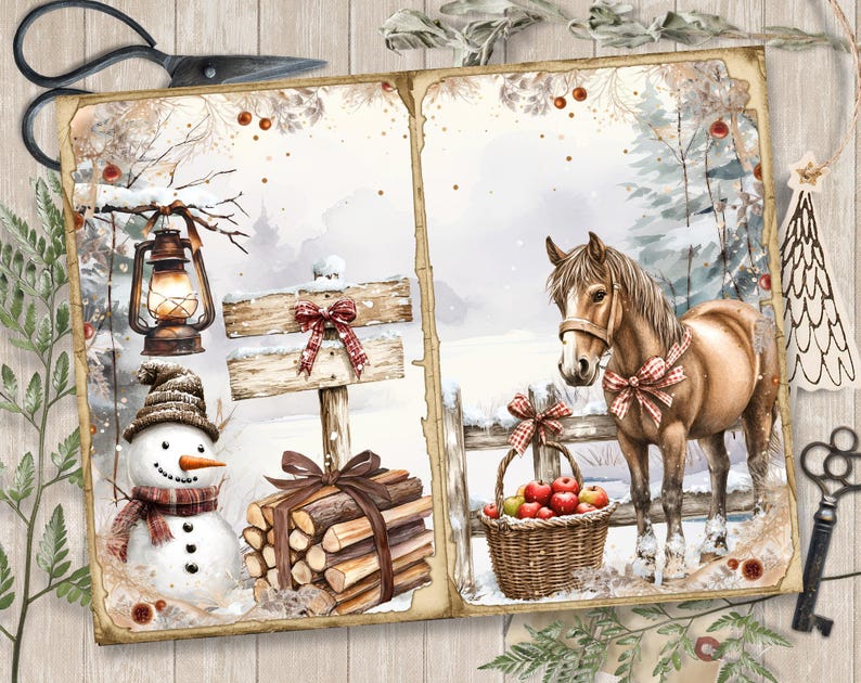 May include: A winter scene with a snowman, a lantern, a pile of firewood, a wooden sign with a red bow, and a horse with a red bow standing in front of a fence with a basket of apples. The background is a snowy forest.