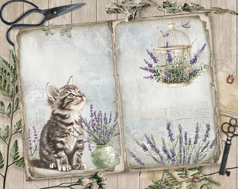 May include: A vintage-style illustration featuring a kitten, lavender, and a birdcage. The kitten is gray and brown, looking upwards. Lavender sprigs are in a green vase and around a white birdcage. The background is aged paper with script.