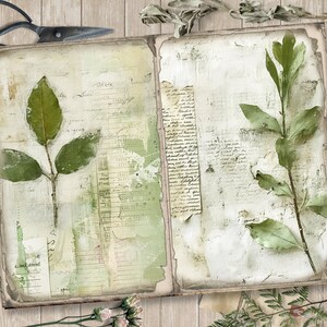 May include: An open vintage journal with two pages showing pressed green leaves and handwritten text. The pages are textured and have a distressed look. The journal is surrounded by other vintage items, including scissors, keys, and dried flowers.
