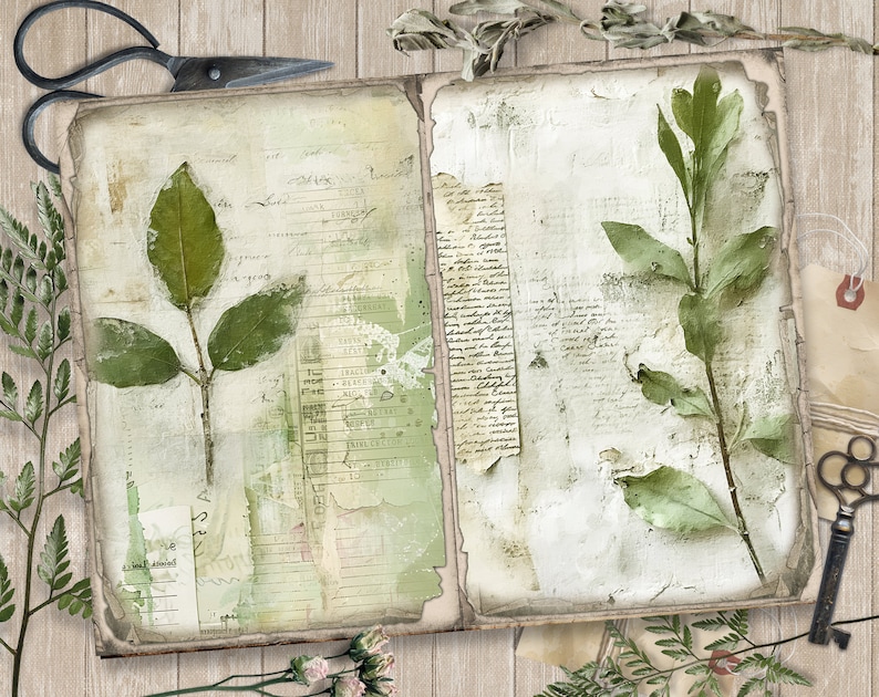 May include: An open vintage journal with two pages showing pressed green leaves and handwritten text. The pages are textured and have a distressed look. The journal is surrounded by other vintage items, including scissors, keys, and dried flowers.