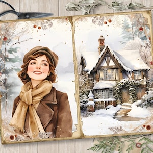 May include: A vintage-style illustration of a woman wearing a brown coat and scarf, looking up at a snowy cottage with a red roof. The image has a rustic, wintery feel.