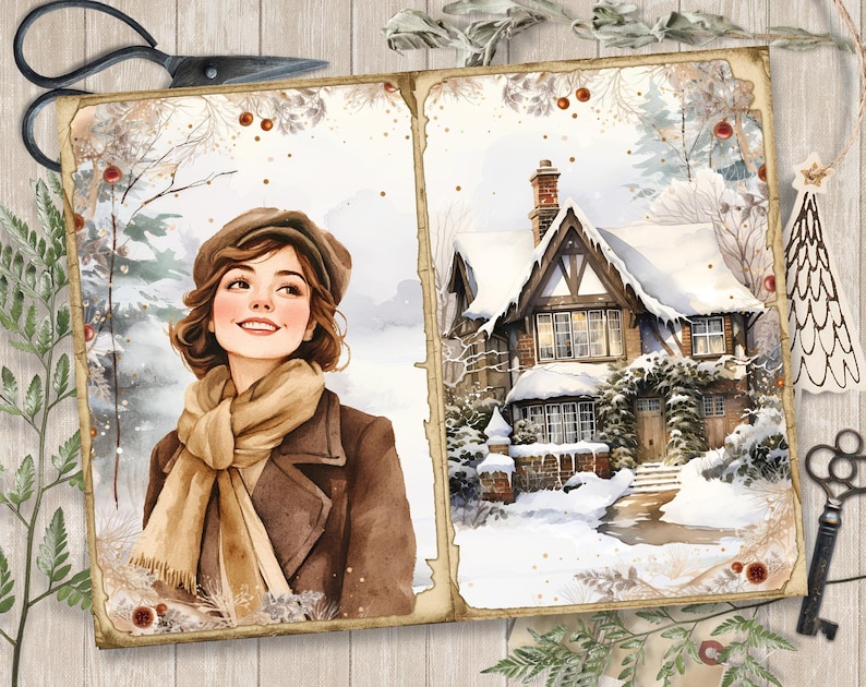 May include: A vintage-style illustration of a woman wearing a brown coat and scarf, looking up at a snowy cottage with a red roof. The image has a rustic, wintery feel.