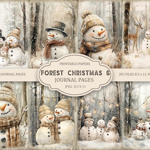 May include: Digital printable journal pages featuring watercolor illustrations of snowmen in a winter forest setting. The pages include various snowman designs, some with hats and scarves, and the text "FOREST CHRISTMAS 6 JOURNAL PAGES".