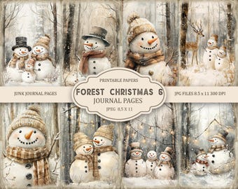 May include: Digital printable journal pages featuring watercolor illustrations of snowmen in a winter forest setting. The pages include various snowman designs, some with hats and scarves, and the text "FOREST CHRISTMAS 6 JOURNAL PAGES".