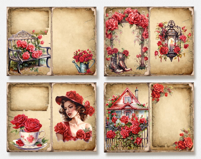 Red Roses 1 Valentines Junk Journal Kit, Vintage Digital Paper for ...