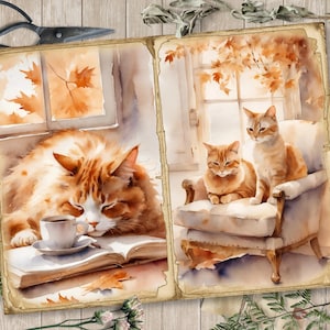 May include: Two orange tabby cats in a watercolor painting. One cat is sleeping on a book with a cup of coffee next to it. The other cat is sitting in a chair by a window. The painting has a vintage, autumnal feel.
