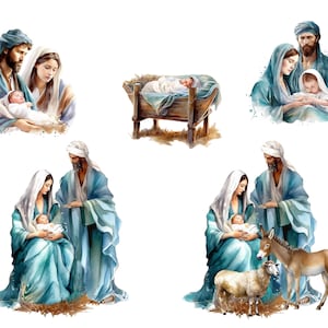 May include: Watercolor painting of the Nativity scene with Mary, Joseph, and baby Jesus. The painting depicts the Holy Family in a variety of poses, including Mary holding baby Jesus, Joseph looking at the baby, and the Holy Family together. The painting is set against a white background.