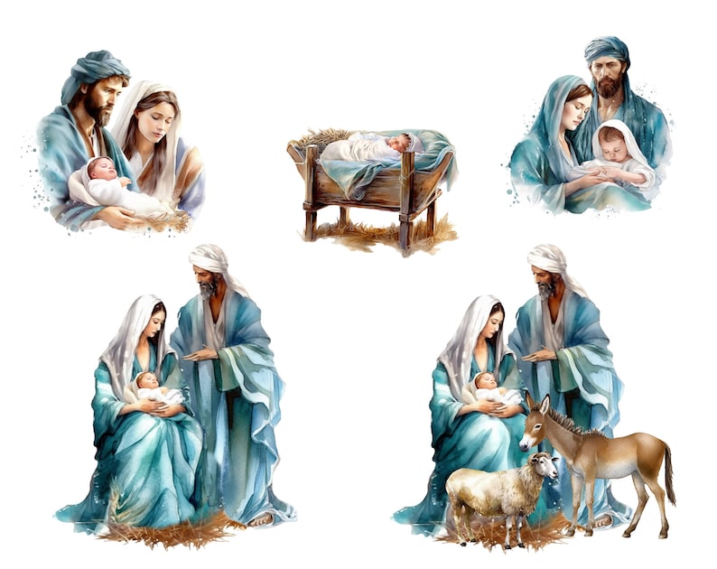 May include: Watercolor painting of the Nativity scene with Mary, Joseph, and baby Jesus. The painting depicts the Holy Family in a variety of poses, including Mary holding baby Jesus, Joseph looking at the baby, and the Holy Family together. The painting is set against a white background.