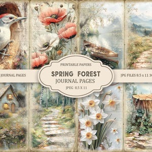 Páginas de diario basura de bosque primaveral, efímeras de primavera, álbum de recortes, papel imprimible, collage digital, páginas de primavera, collage digital