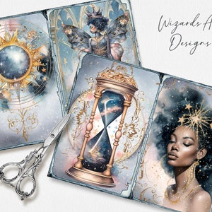 May include: Three digital collage illustrations featuring a celestial theme. The first image shows a compass with a starry sky inside. The second image shows an hourglass with a starry sky inside. The third image shows a woman with a crown of stars on her head. The text "Wizards Art Designs" is visible in the top right corner.