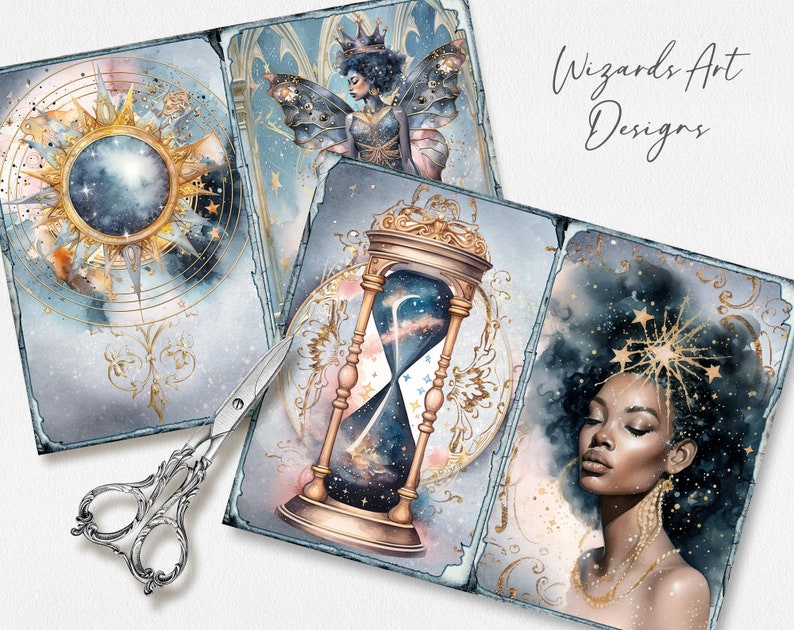 May include: Three digital collage illustrations featuring a celestial theme. The first image shows a compass with a starry sky inside. The second image shows an hourglass with a starry sky inside. The third image shows a woman with a crown of stars on her head. The text "Wizards Art Designs" is visible in the top right corner.
