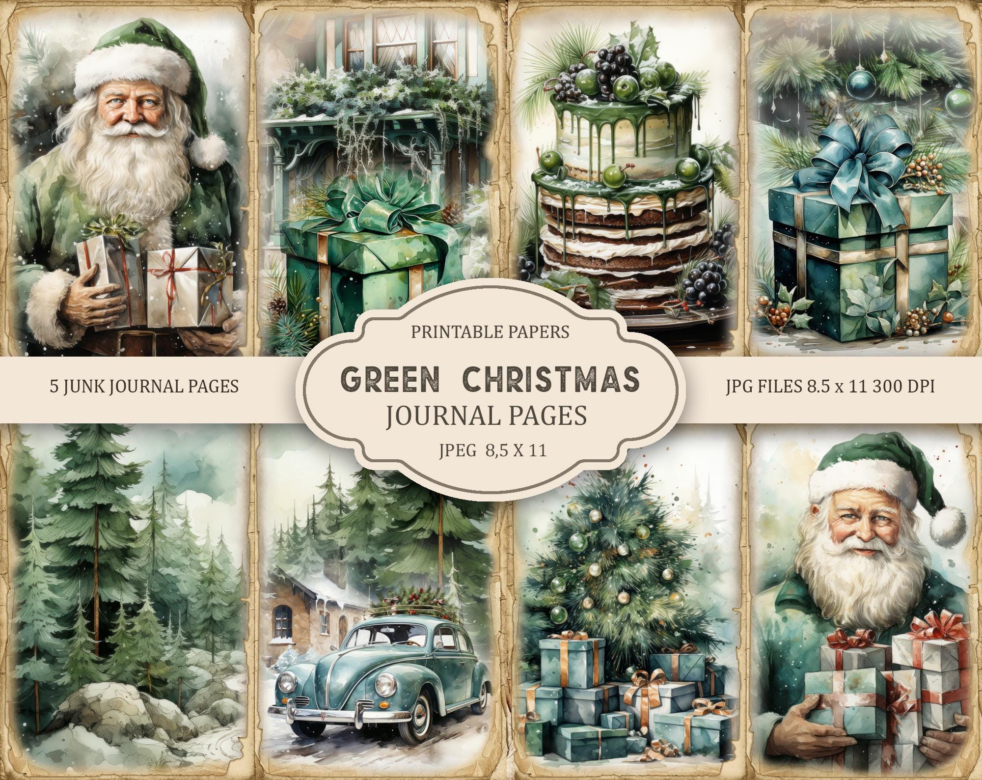Rustic Green Christmas Junk Journal Pages, Ephemera, Scrapbook printable, Printable Paper, Digital Collage, Christmas Pages, Digital Collage