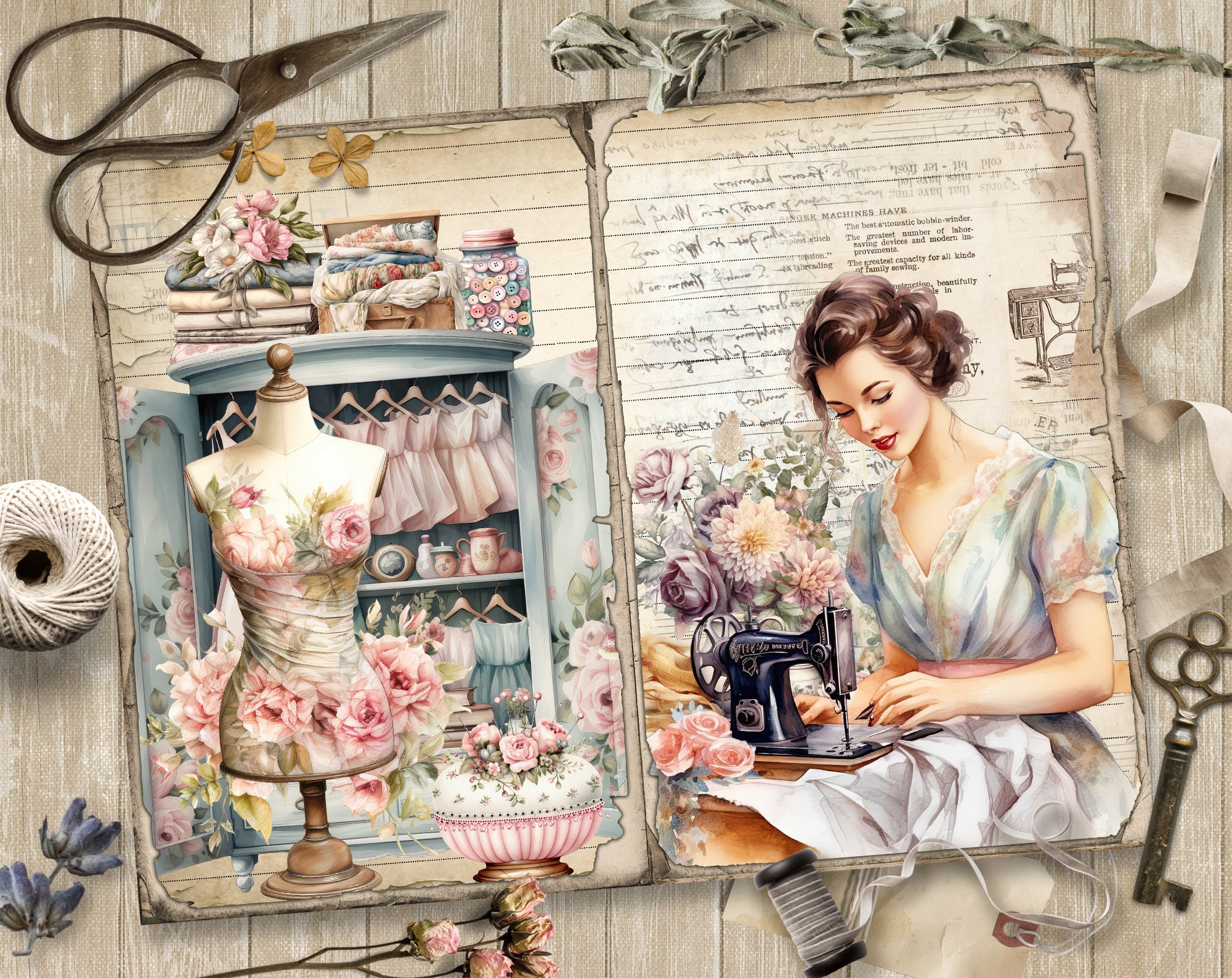 Vintage Sewing, 5 Digital Junk Journal Pages, Scrapbook Paper Kit ...