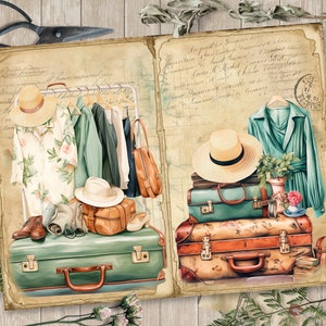 May include: Vintage travel themed scrapbook page with a collage of images including suitcases, hats, clothing, and a handwritten note. The page is decorated with a vintage stamp and a floral design.