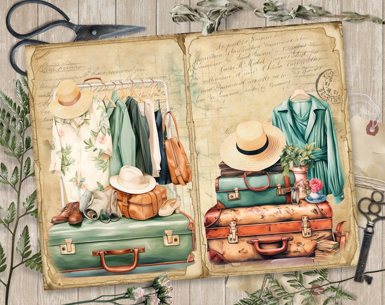 May include: Vintage travel themed scrapbook page with a collage of images including suitcases, hats, clothing, and a handwritten note. The page is decorated with a vintage stamp and a floral design.