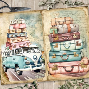 May include: A vintage blue and white Volkswagen van with a stack of colorful suitcases on top. The van is driving on a road with a map background. The suitcases are stacked in a pile and are various shades of pink, blue, brown, and beige.