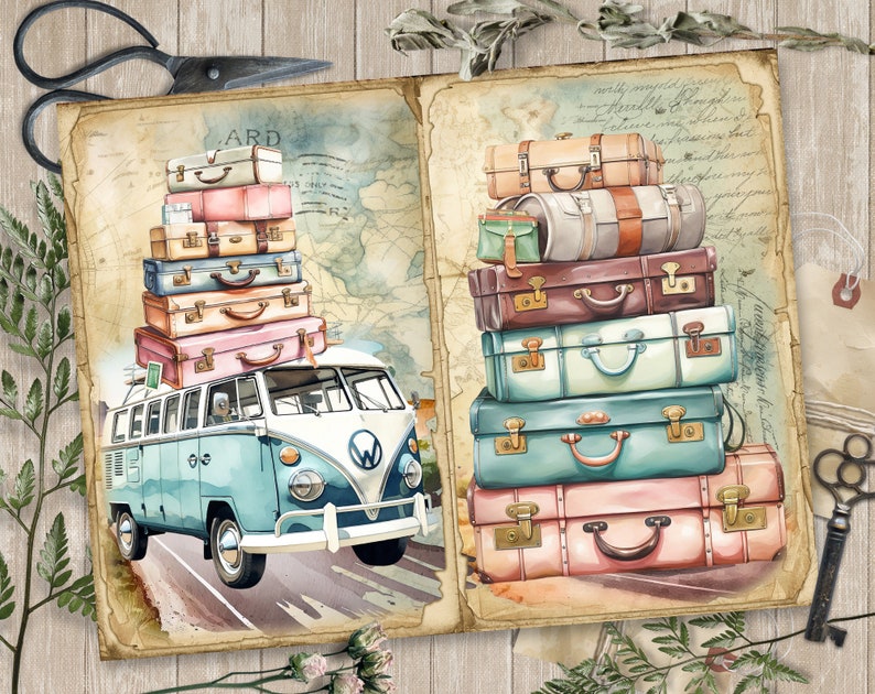 May include: A vintage blue and white Volkswagen van with a stack of colorful suitcases on top. The van is driving on a road with a map background. The suitcases are stacked in a pile and are various shades of pink, blue, brown, and beige.