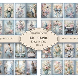 May include: A collection of printable ATC cards with an elegant blue theme. Each card features watercolor illustrations of flowers, birds, and vintage objects. The cards are 2.5 x 3.5 inches and are labeled "Junk Journal Card" and "Elegant blue".