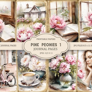 Pivoines roses 1 Pages de journal indésirable, éphémères du printemps, album à imprimer, papier imprimable, collage numérique, pages de printemps, collage numérique