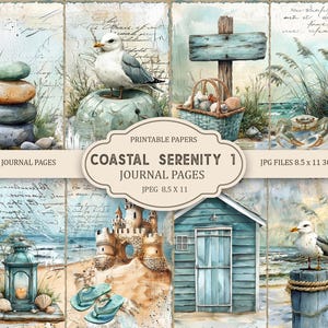 Coastal Serenity 1 dagboekpagina's, lente-ephemera, nautisch afdrukbaar, afdrukbaar papier, digitale collage, nautische pagina's, digitale collage