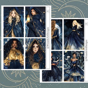 May include: A set of watercolor art prints featuring women in elegant gowns and cloaks, adorned with celestial and starry details. The color palette includes deep blues, golds, and blacks, creating a mystical and enchanting aesthetic. The prints are labeled with the text "@WizardsArtDesigns".