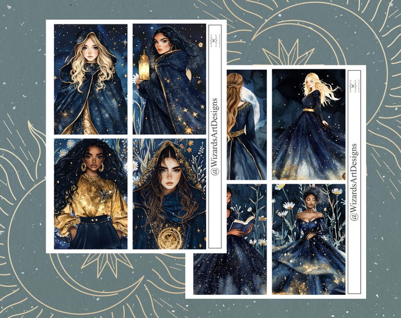 May include: A set of watercolor art prints featuring women in elegant gowns and cloaks, adorned with celestial and starry details. The color palette includes deep blues, golds, and blacks, creating a mystical and enchanting aesthetic. The prints are labeled with the text "@WizardsArtDesigns".