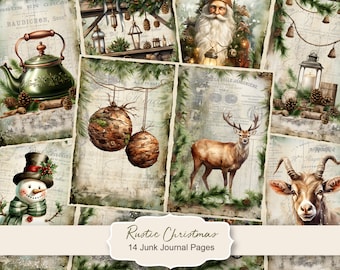 Rustic Christmas Junk Journal Kit, Merry Christmas Junk Journal Pages, Santa Scene Junk Journal Printable Paper, Digital Collage Sheet