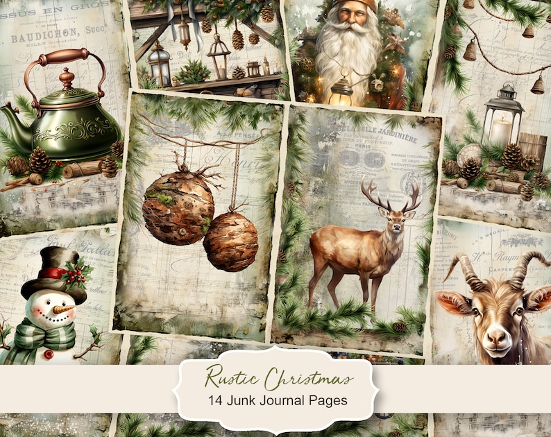 Rustic Christmas Junk Journal Kit, Merry Christmas Junk Journal Pages, Santa Scene Junk Journal Printable Paper, Digital Collage Sheet image 1