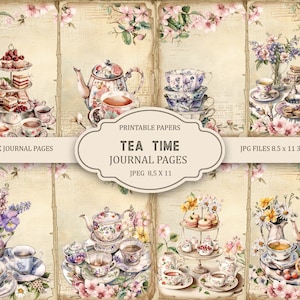 Tea Time-dagboekpagina's, lente-ephemera, afdrukbare thee, afdrukbaar papier, digitale collage, theepagina's, digitale collage