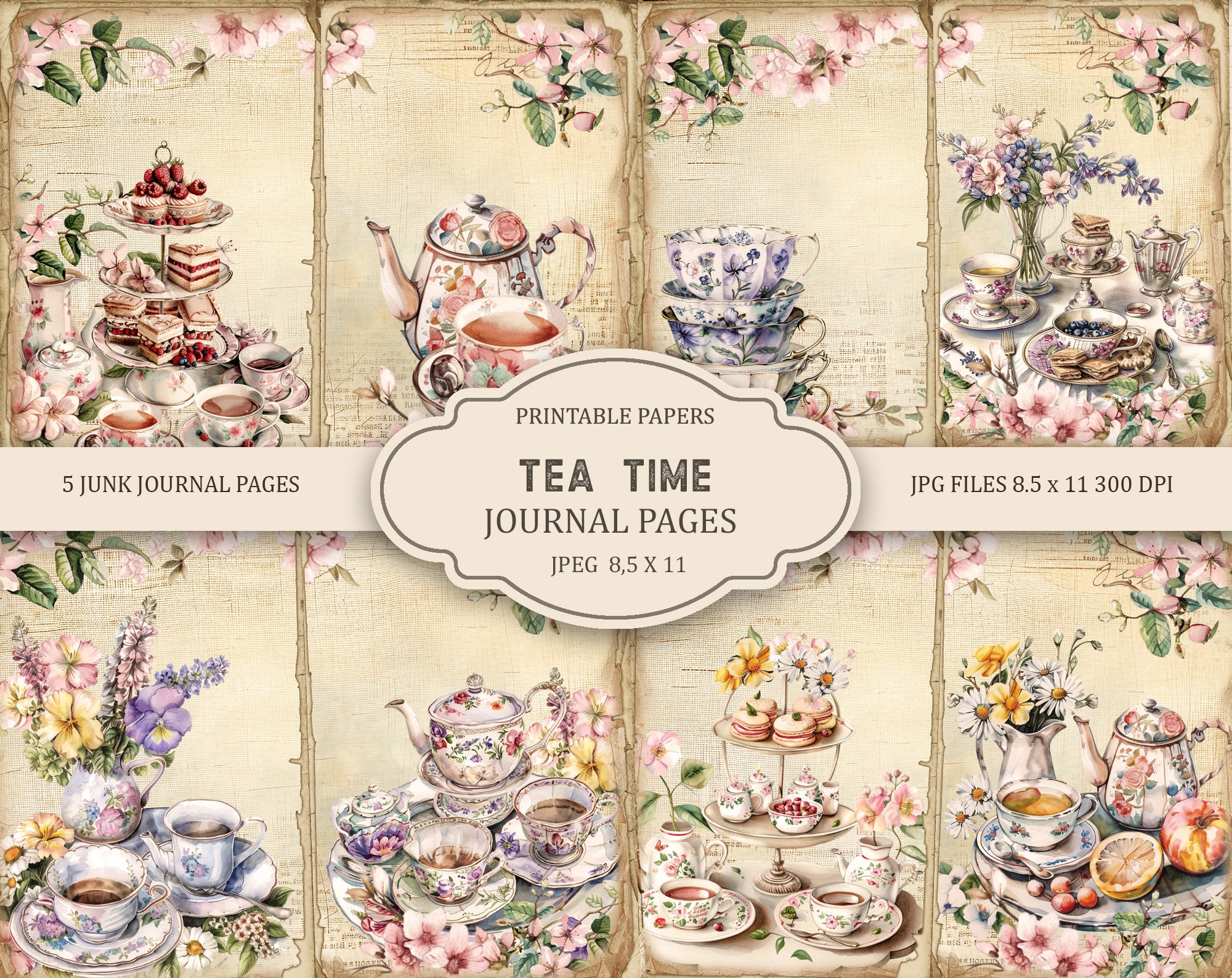 Tea Time Journal Pages, Spring Ephemera, Tea  printable, Printable Paper, Digital Collage,Tea Pages, Digital Collage