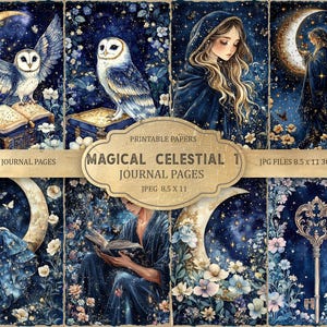 以下が含まれることがあります： 天体のテーマのデジタルジャーナルページのコレクション。ページには、フクロウ、女性、月、鍵のイラストが、星空と花のアクセントを背景に描かれています。ページには「Magical Celestial 1 Journal Pages」と書かれています。
