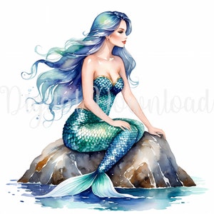 May include: A watercolor painting of a mermaid with long blue hair sitting on a rock. She is wearing a green and blue mermaid tail and a green and gold top. The water is blue and there are white bubbles around her.
