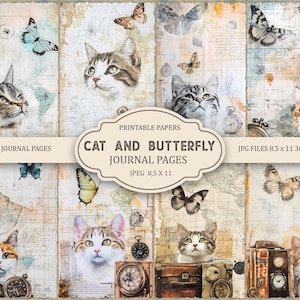 Kit per diario di scarto con gatto e farfalla, pagine per diario di scarto con animali, carta stampabile per diario di scarto, foglio per collage digitale