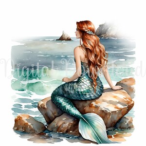 May include: A watercolor painting of a mermaid with long red hair sitting on a rock by the ocean. She is wearing a green and blue tail and looking out at the water.