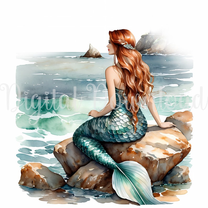 May include: A watercolor painting of a mermaid with long red hair sitting on a rock by the ocean. She is wearing a green and blue tail and looking out at the water.