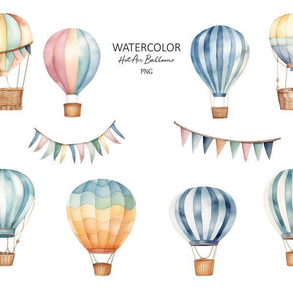 Clipart aquarelle de montgolfières, clipart avion, voyage, étoiles, nuages, drapeau, décoration de chambre d'enfant, usage commercial, téléchargement immédiat