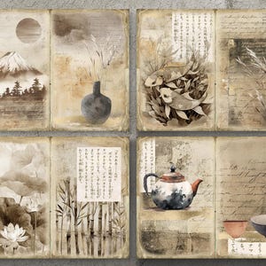 May include: A collage of six vintage-style images with a Japanese theme. The images include a mountain, a vase, fish, bamboo, lotus flowers, and a teapot. The images are in shades of brown, beige, and white.