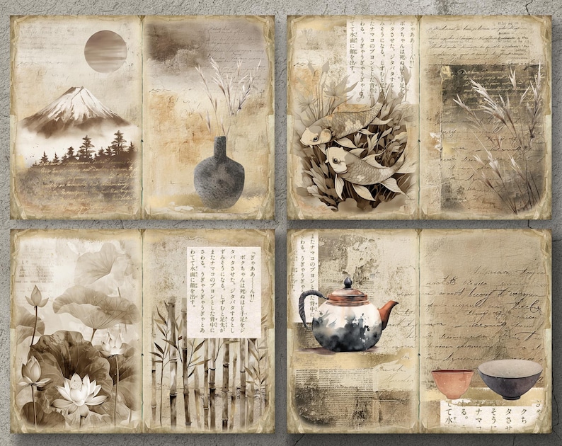 May include: A collage of six vintage-style images with a Japanese theme. The images include a mountain, a vase, fish, bamboo, lotus flowers, and a teapot. The images are in shades of brown, beige, and white.