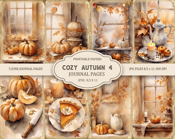 Cozy Autumn 4 Junk Journal Printable Pages, Junk Journal Kit, Scrapbook printable, Printable Paper, Digital Collage, Instant Download
