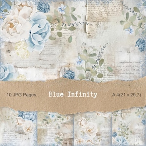以下が含まれることがあります： 「Blue Infinity」と題されたデジタルペーパーパック。青とクリーム色の水彩画の花柄デザインが特徴です。このパックには、ヴィンテージの風合いのある紙の背景を持つ10枚のJPGページが含まれています。「Blue Infinity」と「A4（21 x 29.7）」の文字が見えます。