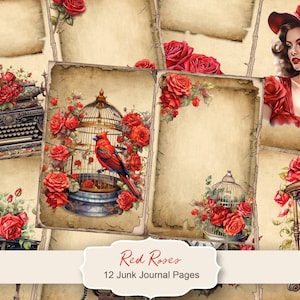 Kit de diario basura de San Valentín con rosas rojas, papel digital vintage para álbumes de recortes, papel digital vintage, páginas de diario de San Valentín, vintage