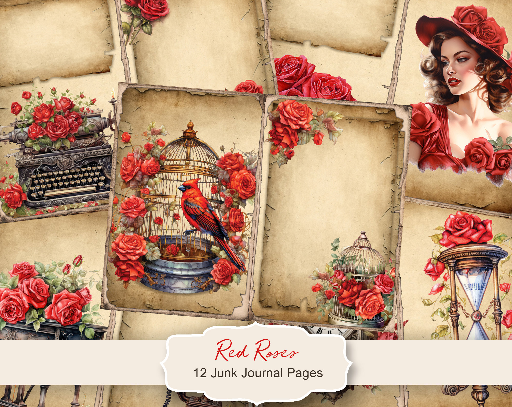 Red Roses 1 Valentines Junk Journal Kit, Vintage Digital Paper for ...