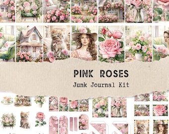 Pink Roses Junk Journal Kit Scrapbook printable, Printable Paper, Digital Collage, Instant Download