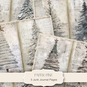 May include: Five digital printable junk journal pages featuring a distressed, vintage aesthetic with images of Christmas trees on a background of old sheet music. The text "PAPER-FINE 5 Junk Journal Pages" is at the bottom of the image.