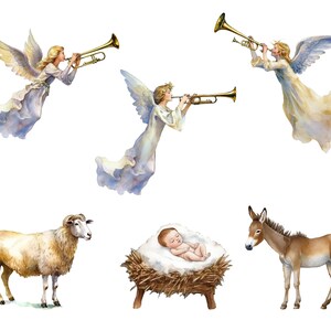 May include: A watercolor painting of a nativity scene with angels playing trumpets, a donkey, a sheep, and a baby in a manger.