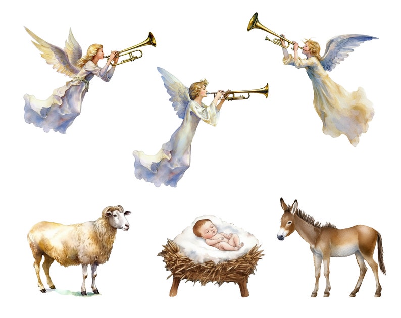 May include: A watercolor painting of a nativity scene with angels playing trumpets, a donkey, a sheep, and a baby in a manger.