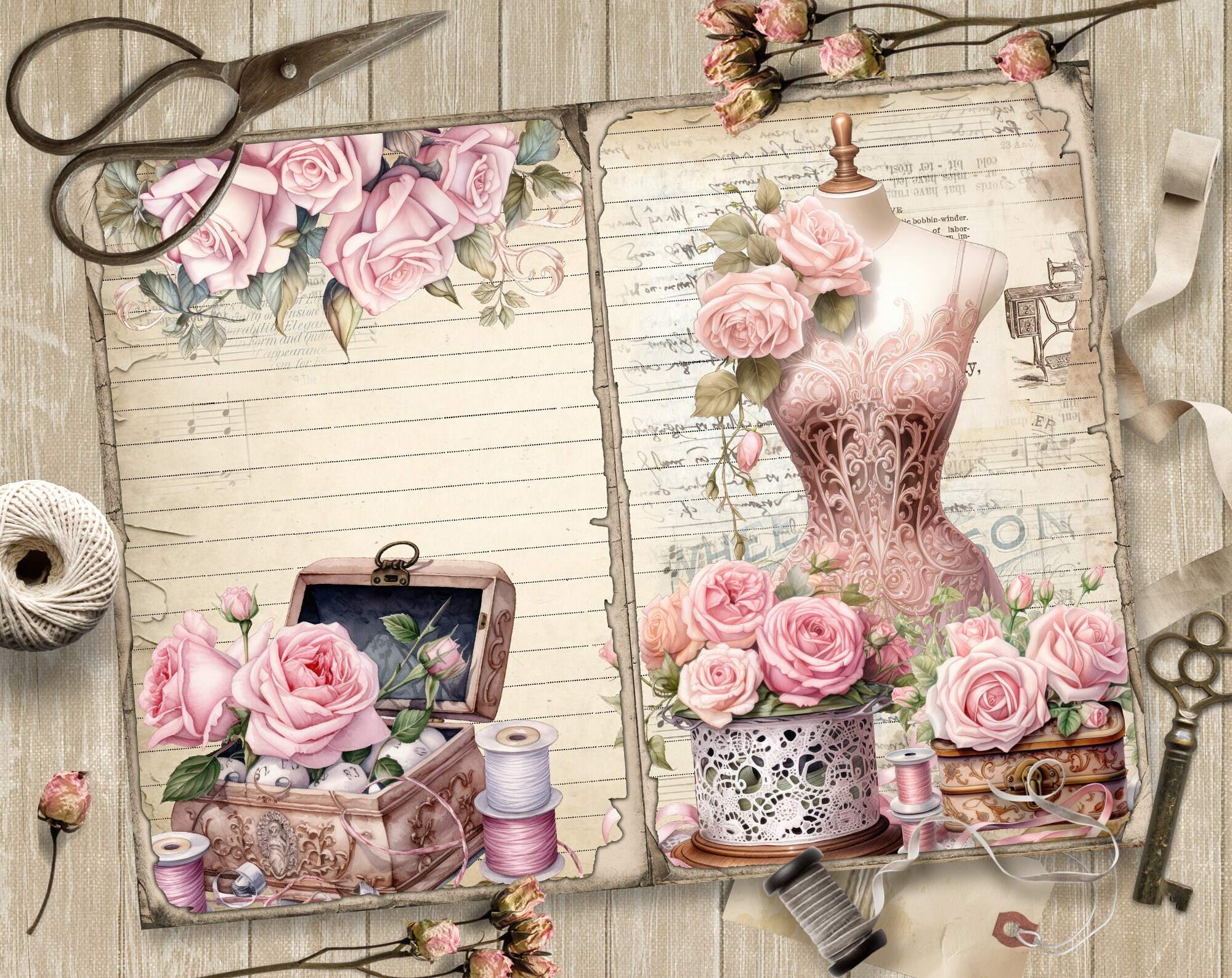 Roses and Sewing, 5 Digital Junk Journal Pages, Scrapbook Paper Kit ...