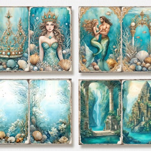 K&ouml;nnte beinhalten: Ein Set aus vier digitalen Kunstdrucken mit Unterwasserszenen mit Meerjungfrauen, einer Krone und einem Unterwassertempel. Die Drucke sind im Vintage-Stil mit einem verblassten, strukturierten Hintergrund.