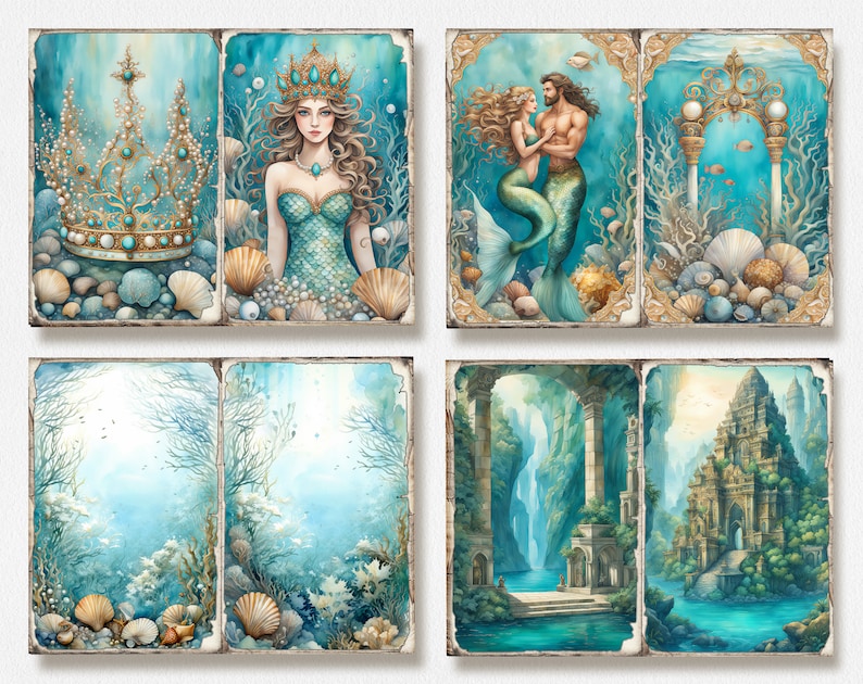 K&ouml;nnte beinhalten: Ein Set aus vier digitalen Kunstdrucken mit Unterwasserszenen mit Meerjungfrauen, einer Krone und einem Unterwassertempel. Die Drucke sind im Vintage-Stil mit einem verblassten, strukturierten Hintergrund.
